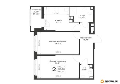 2-комн. квартира, 55.21 м&sup2;