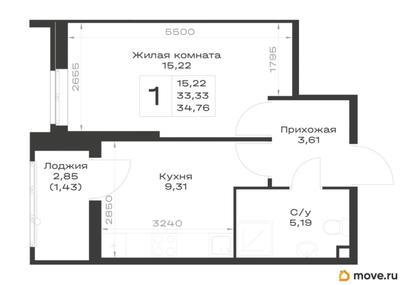 1-комн. квартира, 34.76 м&sup2;