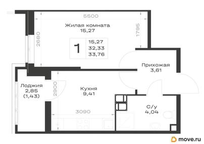 1-комн. квартира, 33.76 м&sup2;