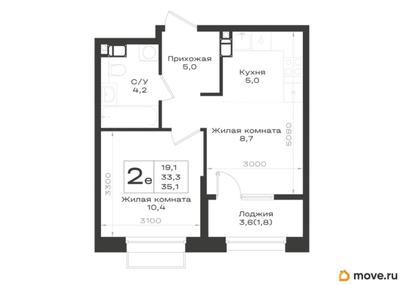 2-комн. квартира, 35.1 м&sup2;