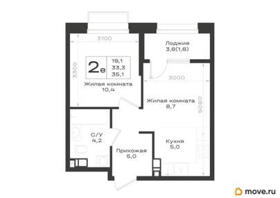 2-комн. квартира, 35.1 м&sup2;