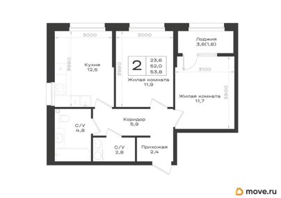 2-комн. квартира, 53.8 м&sup2;