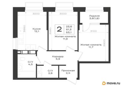 2-комн. квартира, 53.1 м&sup2;