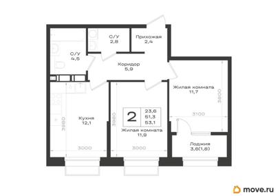 2-комн. квартира, 53.1 м&sup2;