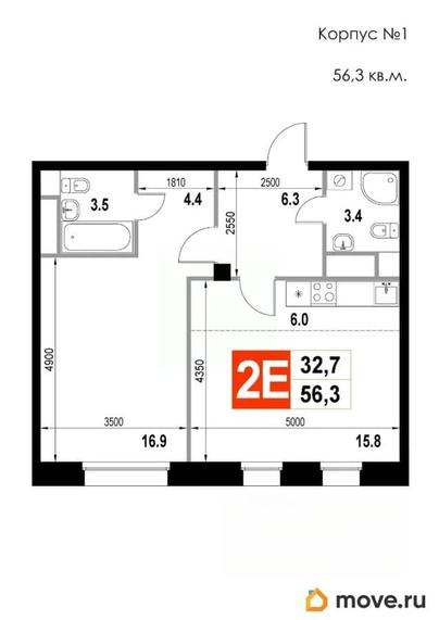 2-комн. квартира, 56.3 м&sup2;