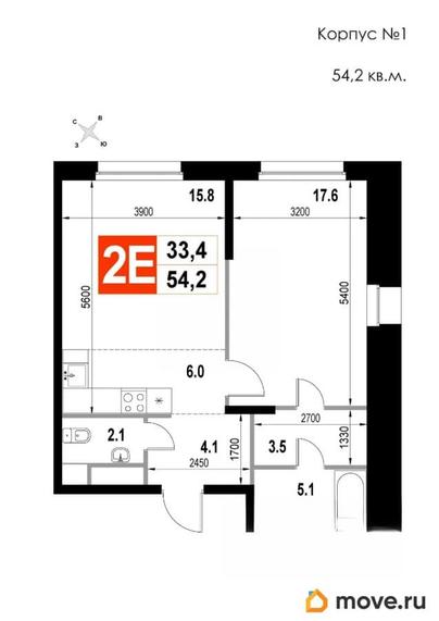 2-комн. квартира, 54.2 м&sup2;