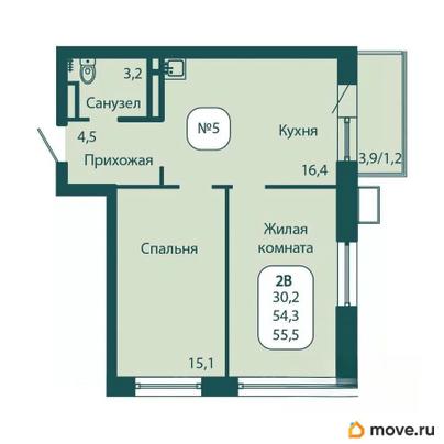 2-комн. квартира, 55.5 м&sup2;