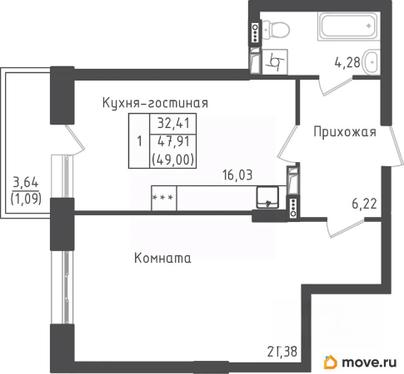 1-комн. квартира, 47.91 м&sup2;