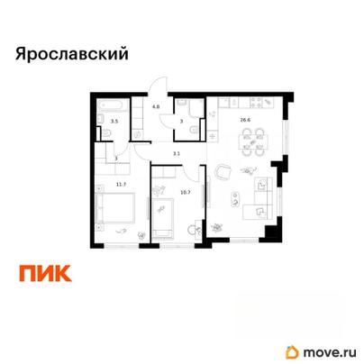 2-комн. квартира, 66.4 м&sup2;