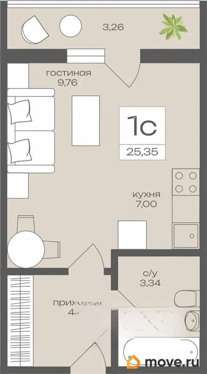 студия, 25.35 м&sup2;