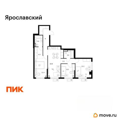 3-комн. квартира, 75.3 м&sup2;