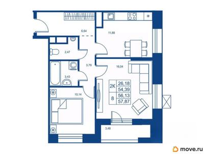 2-комн. квартира, 54.39 м&sup2;