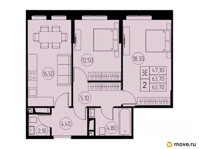 3-комн. квартира, 63.7 м&sup2;