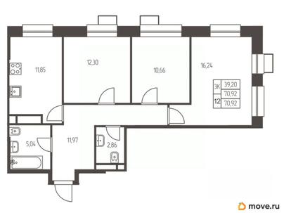 3-комн. квартира, 70.9 м&sup2;