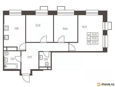 3-комн. квартира, 70.9 м&sup2;