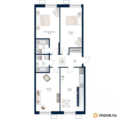 3-комн. квартира, 91.27 м&sup2;