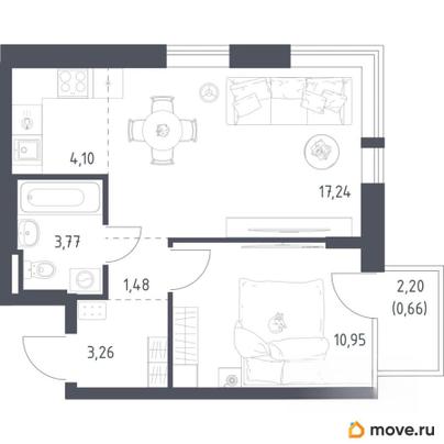 1-комн. квартира, 41.46 м&sup2;