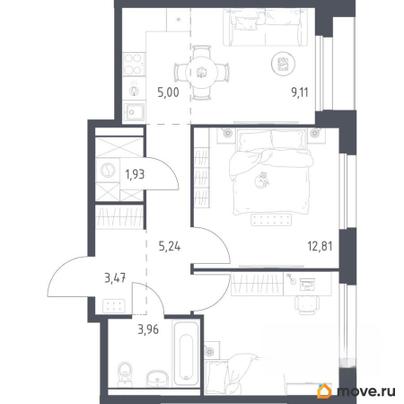 2-комн. квартира, 52.28 м&sup2;