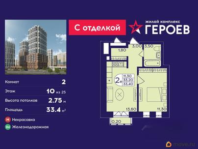 2-комн. квартира, 33.4 м&sup2;