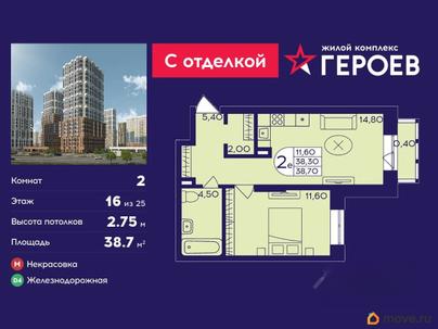 2-комн. квартира, 38.7 м&sup2;