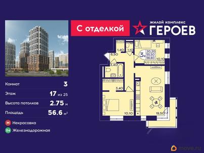 3-комн. квартира, 56.6 м&sup2;