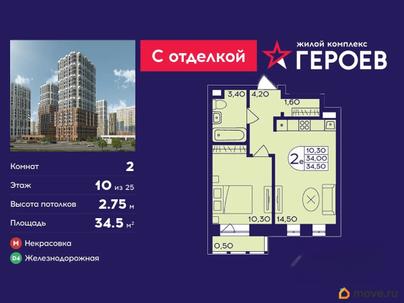2-комн. квартира, 34.5 м&sup2;