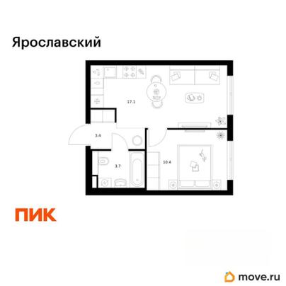 1-комн. квартира, 34.6 м&sup2;