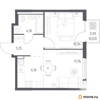 1-комн. квартира, 38.74 м&sup2;