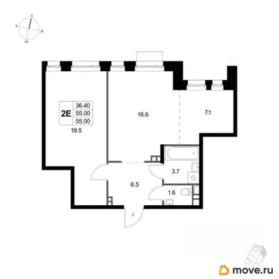 2-комн. квартира, 55 м&sup2;