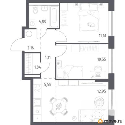 2-комн. квартира, 52.8 м&sup2;