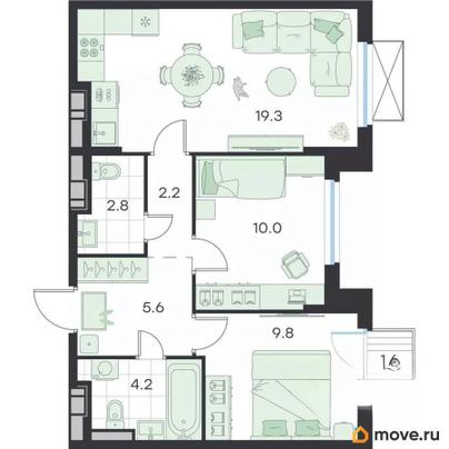 2-комн. квартира, 54.4 м&sup2;