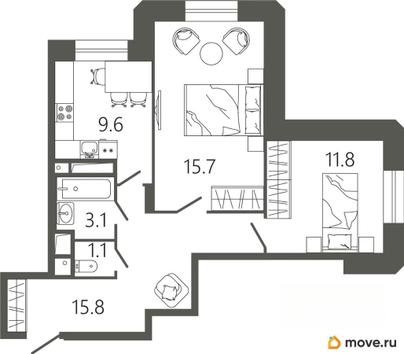 2-комн. квартира, 60 м&sup2;