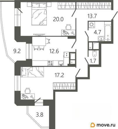 2-комн. квартира, 74.6 м&sup2;