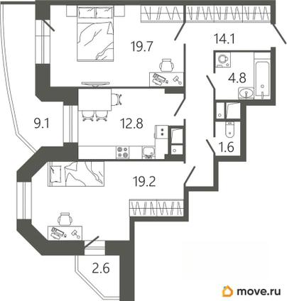 2-комн. квартира, 76.2 м&sup2;