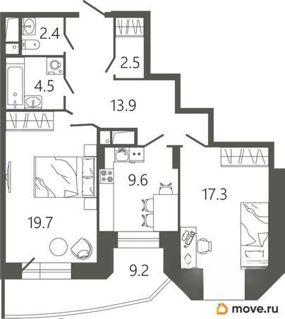 2-комн. квартира, 72.7 м&sup2;
