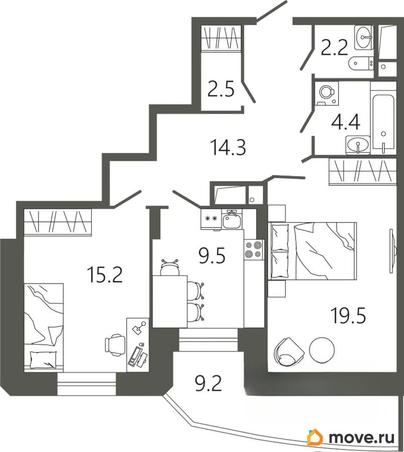 2-комн. квартира, 70.4 м&sup2;
