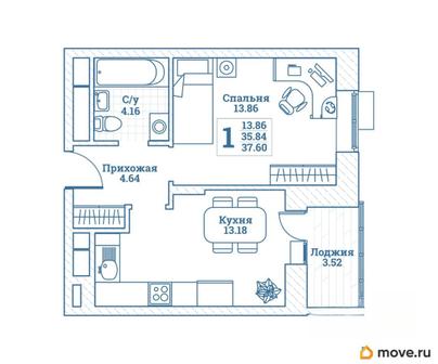 1-комн. квартира, 37.6 м&sup2;