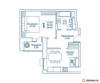 1-комн. квартира, 46.67 м&sup2;