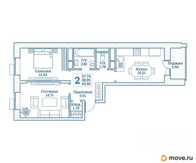 2-комн. квартира, 60.8 м&sup2;