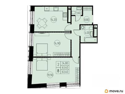 2-комн. квартира, 63.4 м&sup2;