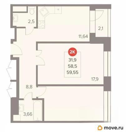 2-комн. квартира, 59.8 м&sup2;