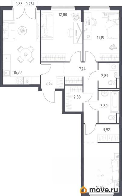 3-комн. квартира, 76.7 м&sup2;