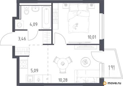 2-комн. квартира, 33.5 м&sup2;