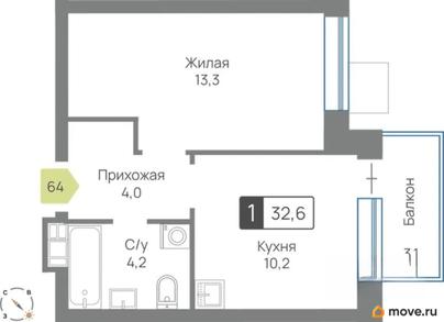 1-комн. квартира, 32.6 м&sup2;