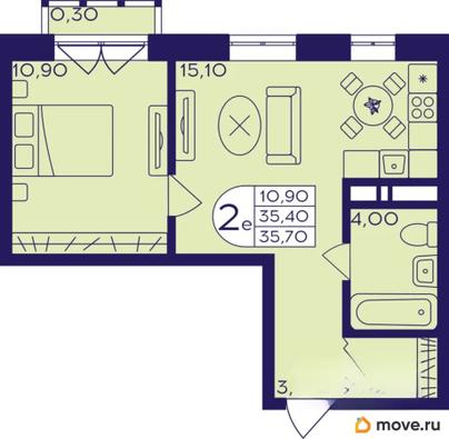 2-комн. квартира, 35.7 м&sup2;