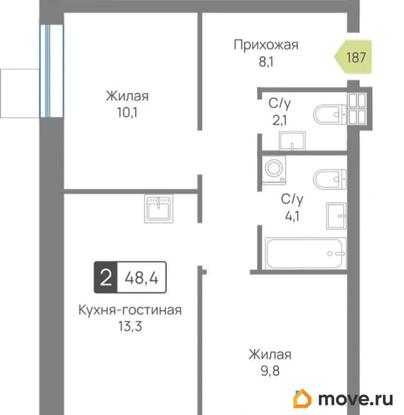 2-комн. квартира, 48.4 м&sup2;