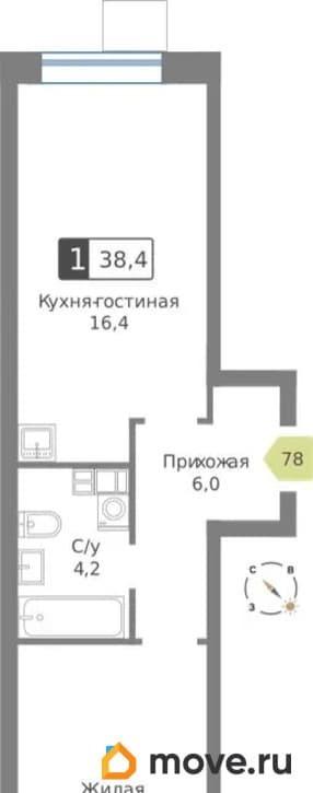 1-комн. квартира, 38.4 м&sup2;