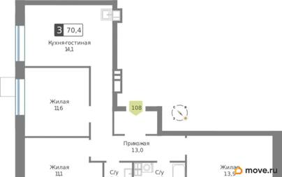 3-комн. квартира, 70.4 м&sup2;