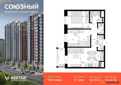 2-комн. квартира, 54.6 м&sup2;