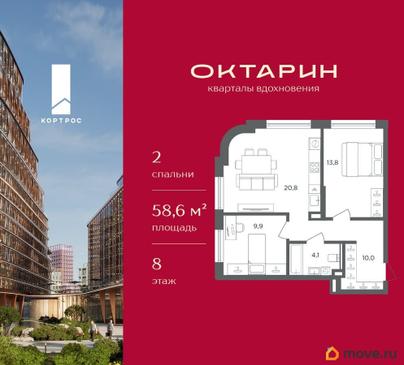 2-комн. квартира, 58.6 м&sup2;